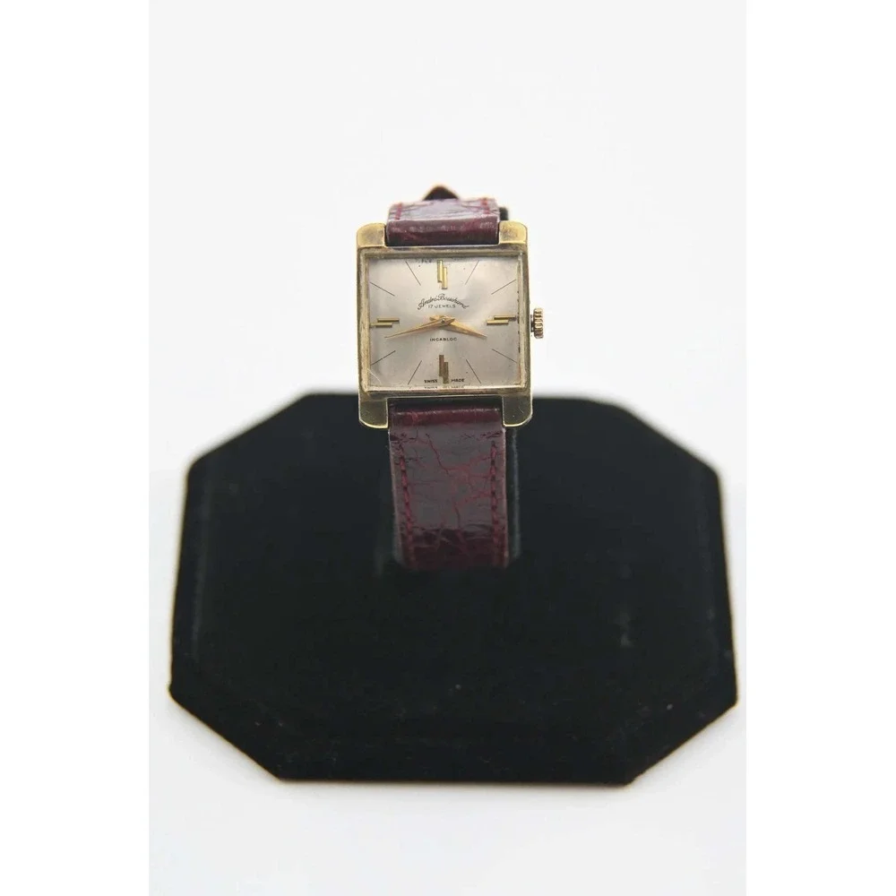 Andre Bouchard 17 Jewels Incabloc Vintage Swiss Watch Gold Tone Square Burgundy